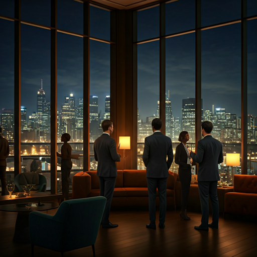 Networking event with evening skyline view